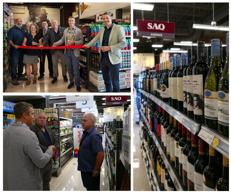 En haut : Gilles Bertrand, conseiller; Michel Maurice, conseiller; Jocelyne Coursol conseillère; Frédéric Thibeault, propriétaire Metro Plus Thibeault; Guy Lamothe, maire de Sainte-Sophie; Martin Thibeault, propriétaire Metro Plus Thibeault; Matthieu Ledoux, directeur général de la Municipalité de Sainte-Sophie. En bas à gauche : Martin Thibeault; Guy Lamothe; Michel Maurice. À droite : Rayon de l’agence SAQ au Metro Plus Thibeault